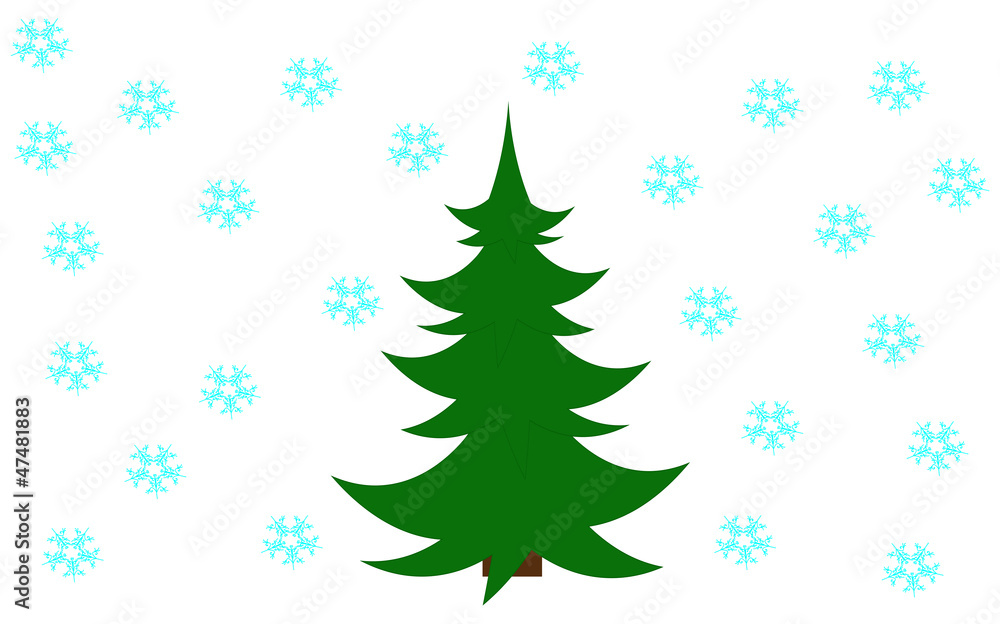 Green xmas tree on the snowflake background