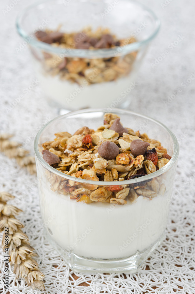 yogurt and granola with chocolate drops in a glass beaker yogurt and granola with chocolate drops in a glass beaker