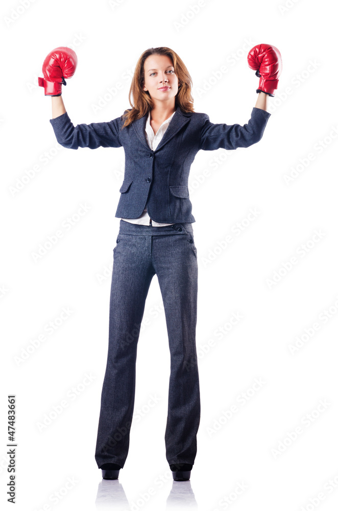 Woman businesswoman with boxing gloves on white Woman businesswoman with boxing gloves on white