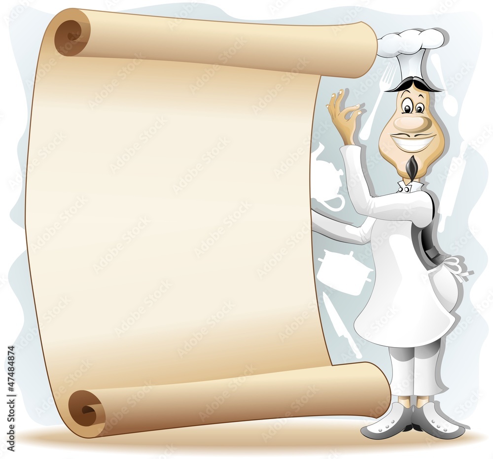 Vettoriale Stock Cook Chef Cartoon with Vintage Poster Menu-Cuoco con  Pergamena | Adobe Stock