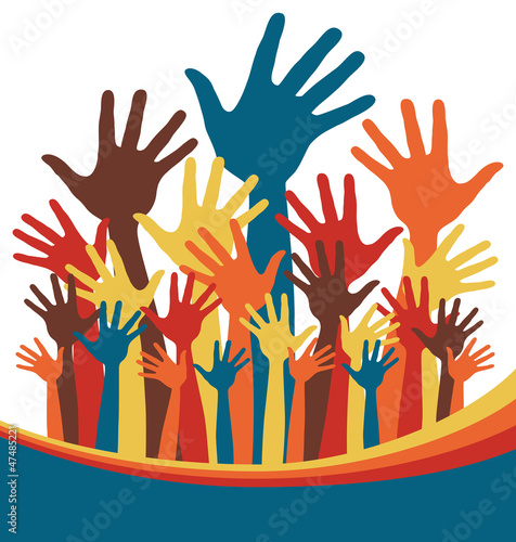 Large group of happy hands with text space.