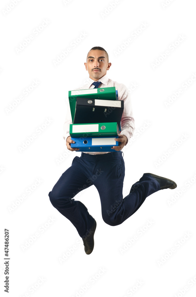 Jumping businessman in business concept on white Jumping businessman in business concept on white