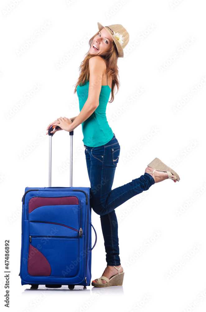 young girl with suitcase on white young girl with suitcase on white