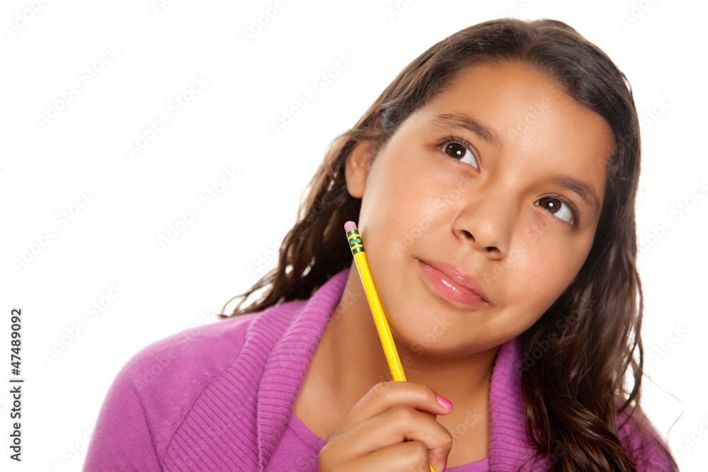 Pretty Hispanic Girl Thinking with Pencil Pretty Hispanic Girl Thinking with Pencil