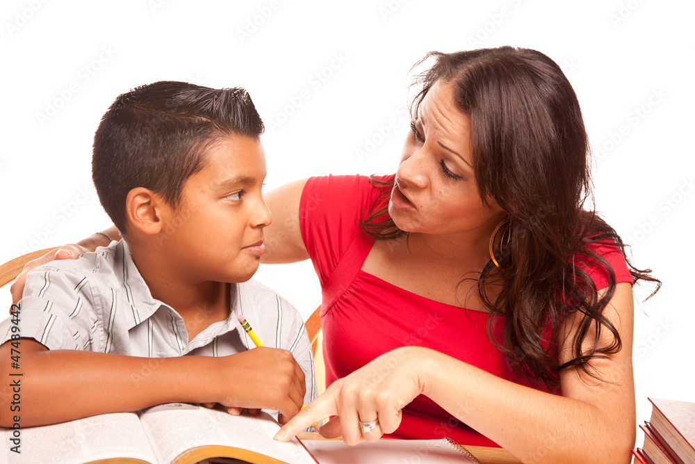 Attractive Hispanic Mother and Son Studying Attractive Hispanic Mother and Son Studying