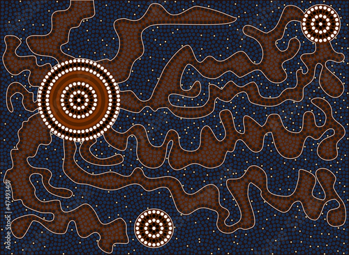 A illustration based on aboriginal style of dot painting depicti