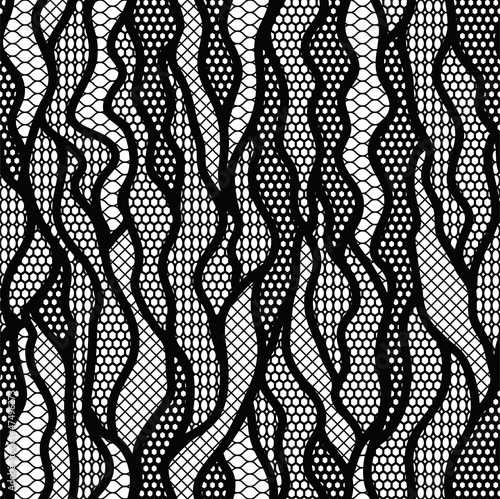 Black lace vector fabric seamless pattern with lines and waves