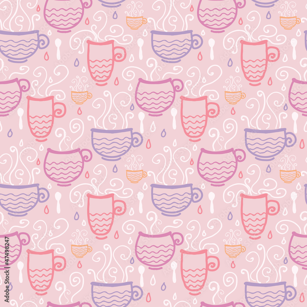 Vector pink tea cups seamless pattern background with hand drawn Vector pink tea cups seamless pattern background with hand drawn