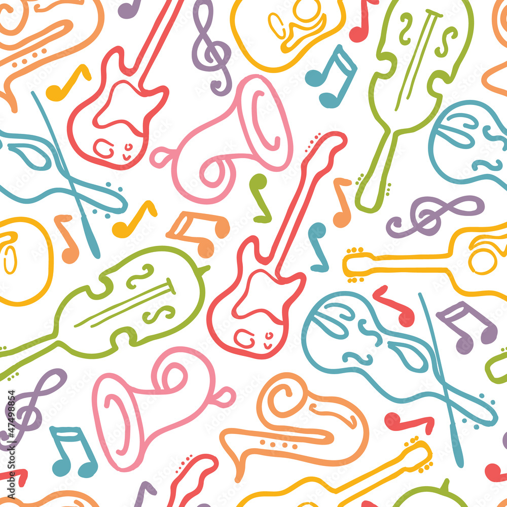 Fototapeta premium Vector musical instruments seamless pattern background with hand