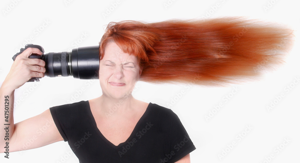 Photographer With Camera Pointed at Her Head Photographer With Camera Pointed at Her Head
