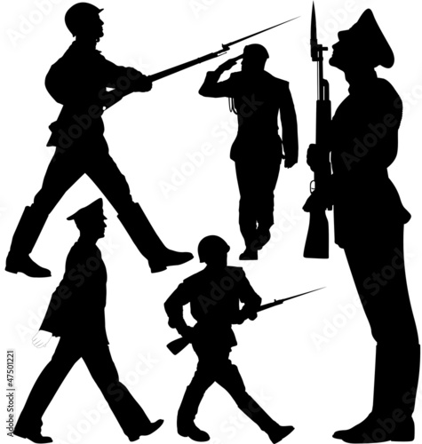 Soldiers marching, sentry guard vector silhouettes isolated on white background. Layered. Editable