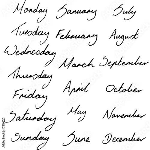 Handwritten Days of the Week and Months of the Year.