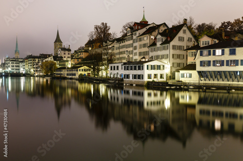 Zurich Skyline and the River Limmat in the Night, Switzerland