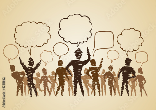 Vector of group of people with chat bubbles (doodle art)