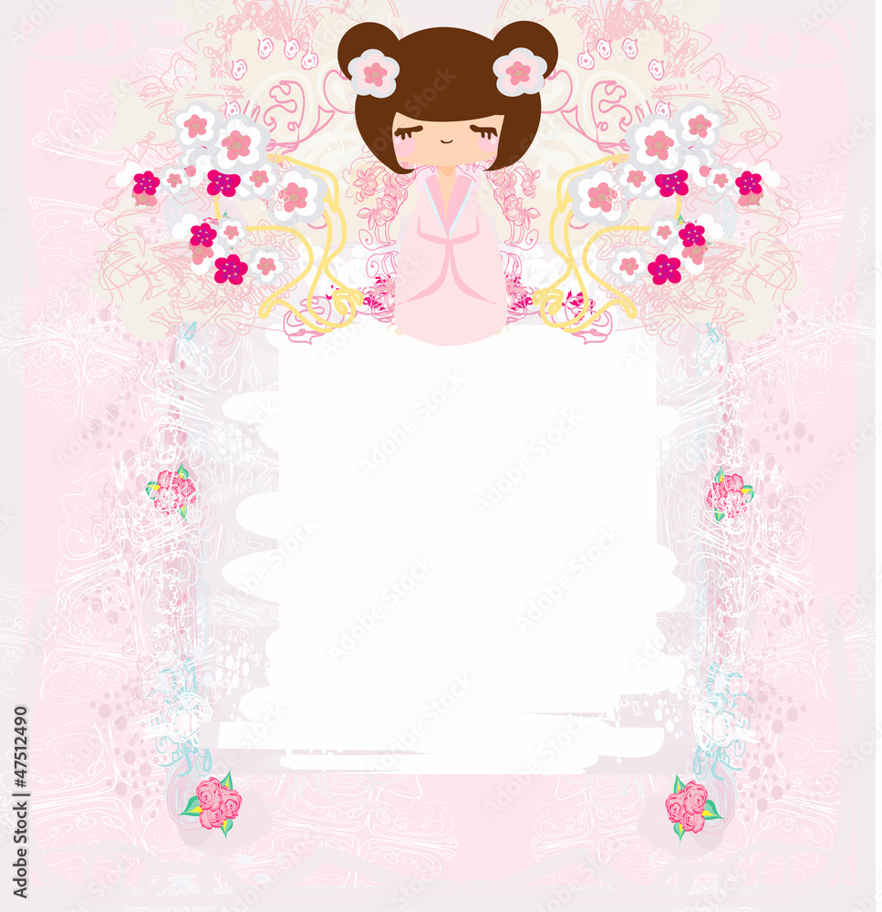 Kokeshi doll on the pink background with floral ornament Kokeshi doll on the pink background with floral ornament