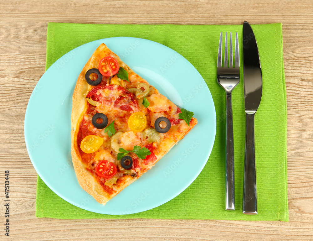 plate with a slice of delicious pizza on wooden background plate with a slice of delicious pizza on wooden background
