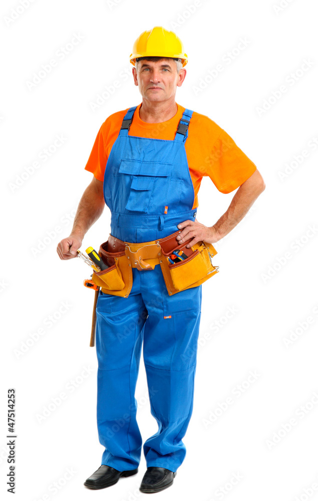 Male builder in yellow helmet isolated on white Male builder in yellow helmet isolated on white