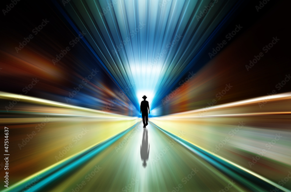 silhouette in a subway tunnel. Light at End of Tunnel silhouette in a subway tunnel. Light at End of Tunnel