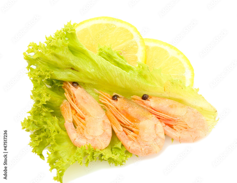 Boiled shrimps on lettuce leaves, isolated on white