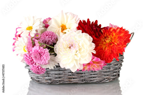 daisies and dahilas in wicker basket isolated on white