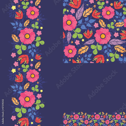 Vector set of summer night plants seamless pattern and borders