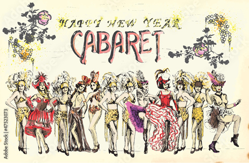 Cabaret Happy New Year ! Retro image with cancan dancers.