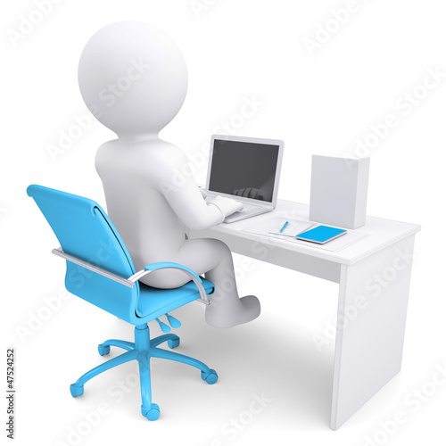 3d white man working at a laptop. On the table in a white box