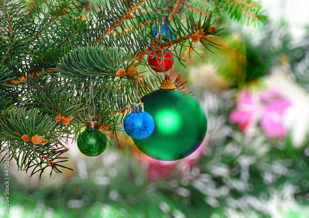 Fototapeta premium Christmas,New Year decoration-balls, green tinsel
