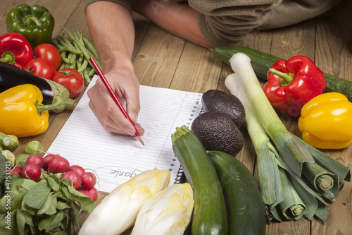 Man's hand writing list of organic vegetables