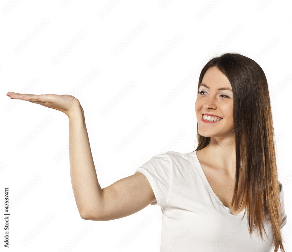 Positive young brunette looking at the empty space Positive young brunette looking at the empty space