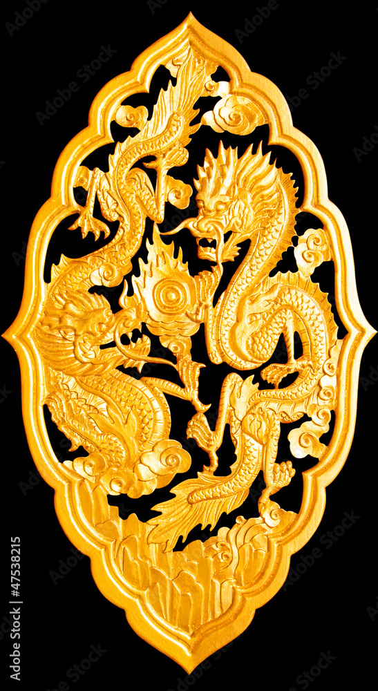 Golden wood dragon carving isolated on black background,with cli