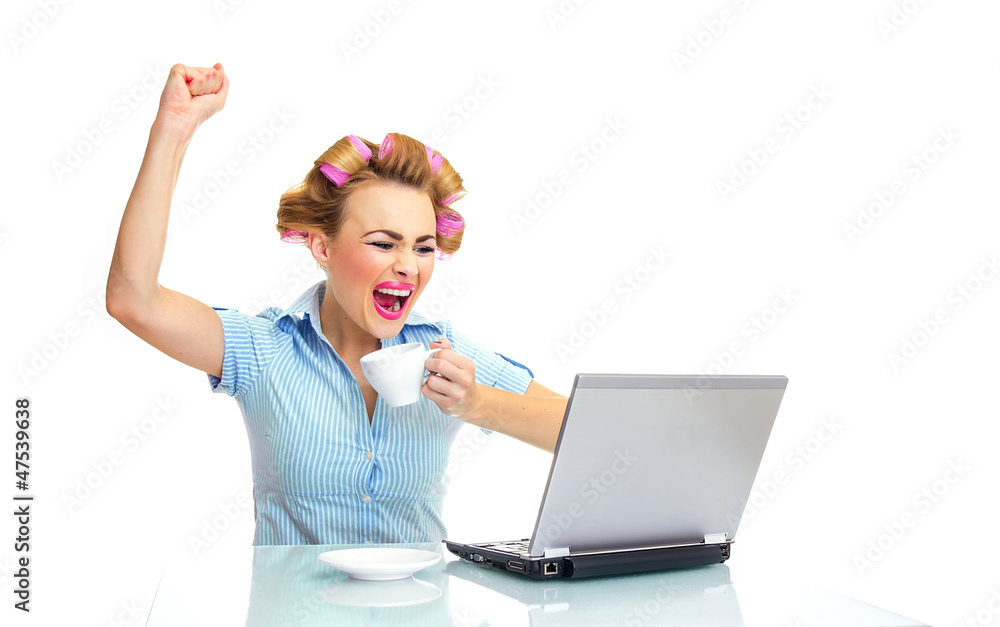 Funny successful business woman with laptop and coffee Funny successful business woman with laptop and coffee