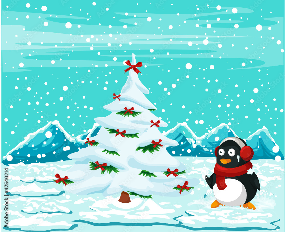 cute penguin with christmas tree