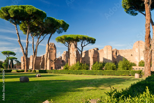 Baths of Caracalla in Rome, Italy. Landscape of ancient Romsn ruins in summer.