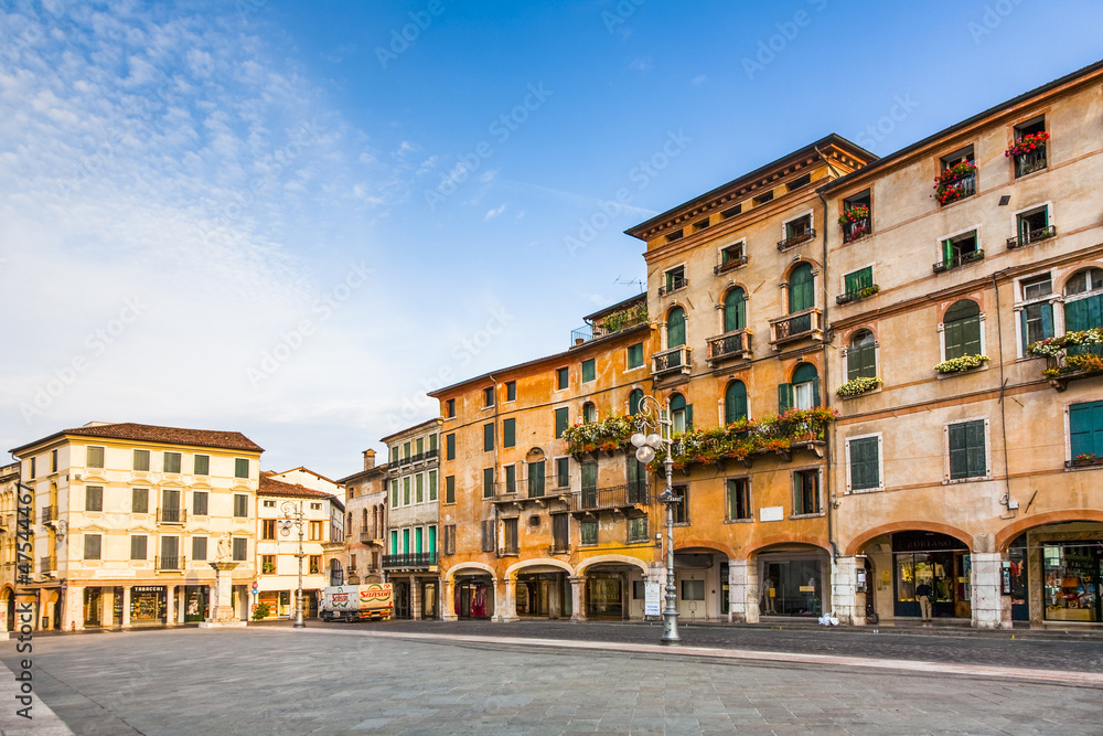 old market place of romantic City Basano del Grappa in early mor