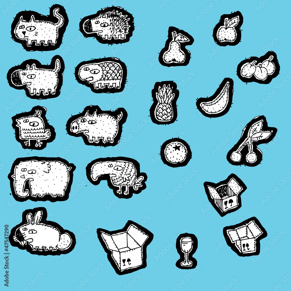 Doodled Animals and Fruits Collection Doodled Animals and Fruits Collection