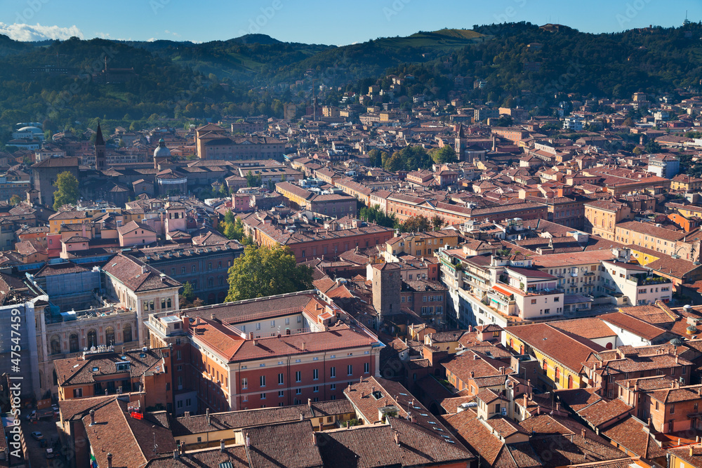 aerial view from Asinelli Tower on Bologna with mountain