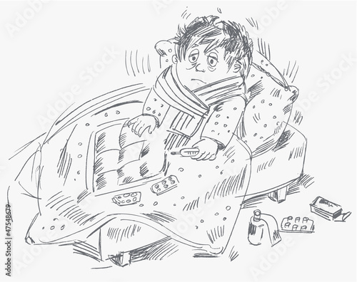 Boy became ill and was lying in bed, vector illustration