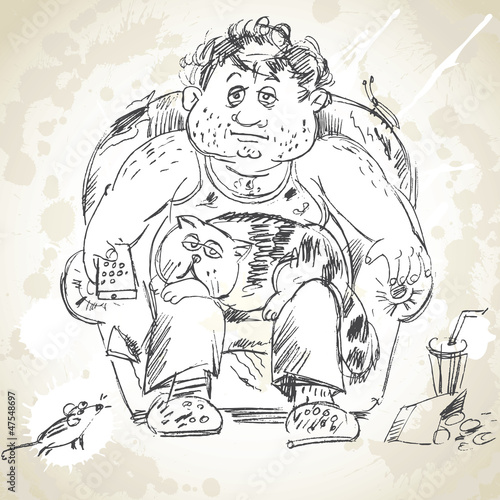 Fat man sits on the armchair and watching TV