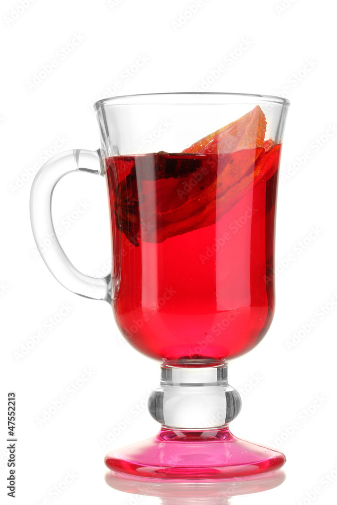 Fragrant mulled wine in glass isolated on white Fragrant mulled wine in glass isolated on white