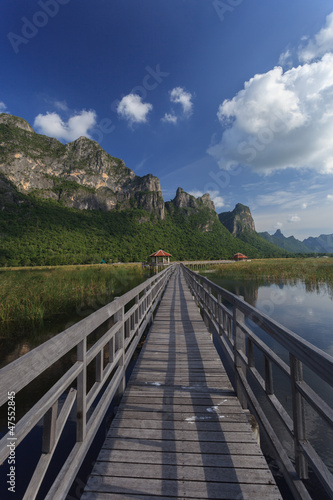 The wooden walk way in a lake at khao sam roi yod national park,