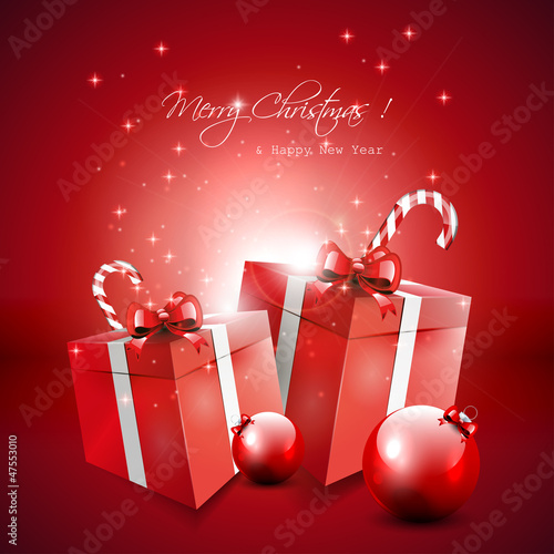 Red Christmas background with gifts and baubles