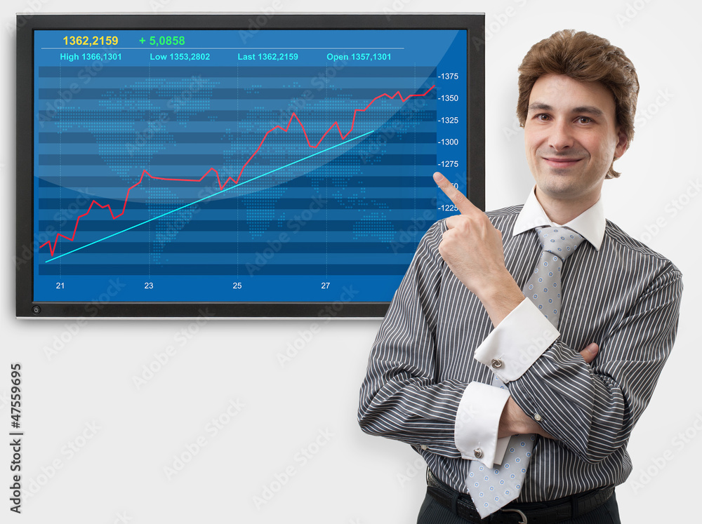 business man pointing finger on diagram of stock market business man pointing finger on diagram of stock market