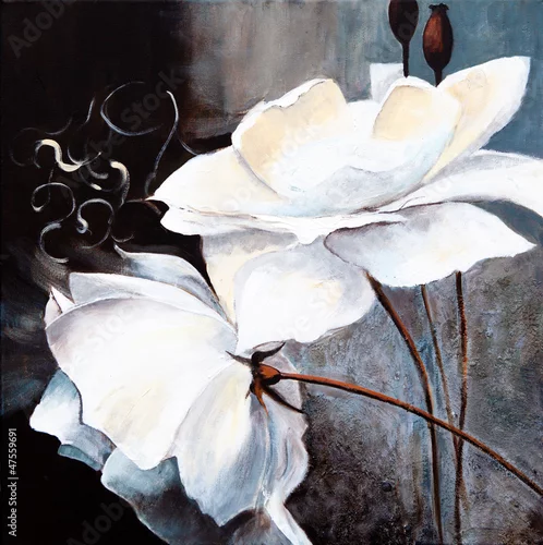 Obraz białe kwiaty na czarnym tle