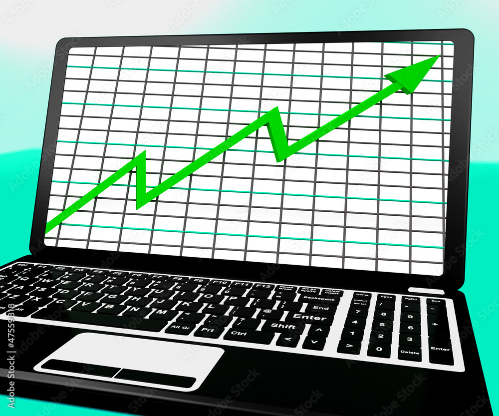 Arrow Going Up On Laptop Shows Statistics Reports Arrow Going Up On Laptop Shows Statistics Reports