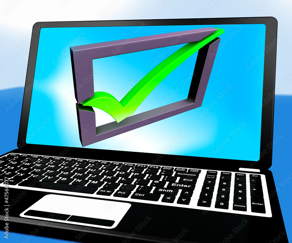 Check Mark On Laptop Showing Tasks Checking Check Mark On Laptop Showing Tasks Checking