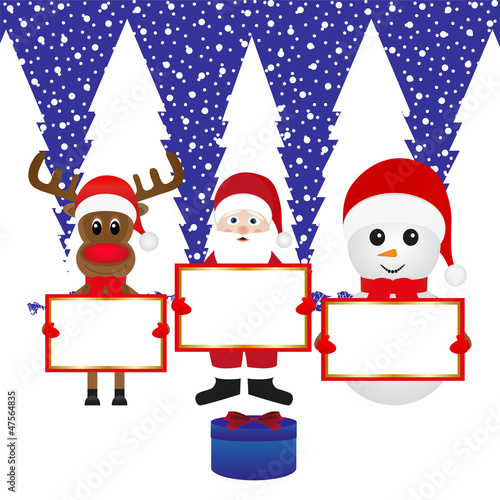 Snowman, Santa Claus, reindeer with banners and present forest