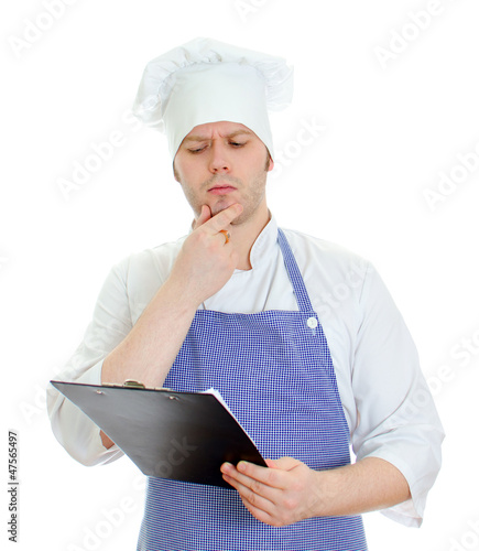 Thinking chef composing new menu. Isolated on white photo