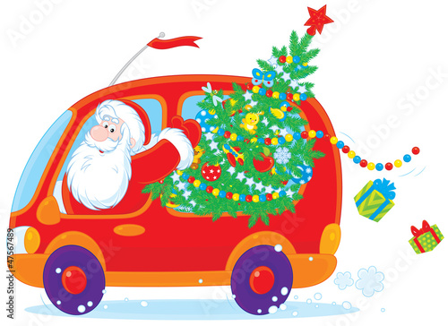 Santa carries Christmas tree and gifts in a red car