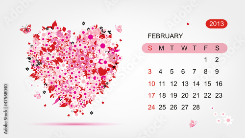 Vector calendar 2013, february. Art heart design